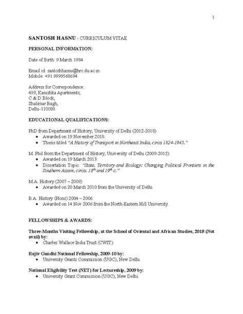 Curriculum Vitae of Dr. Santosh Hasnu - Assistant Professor, History ...