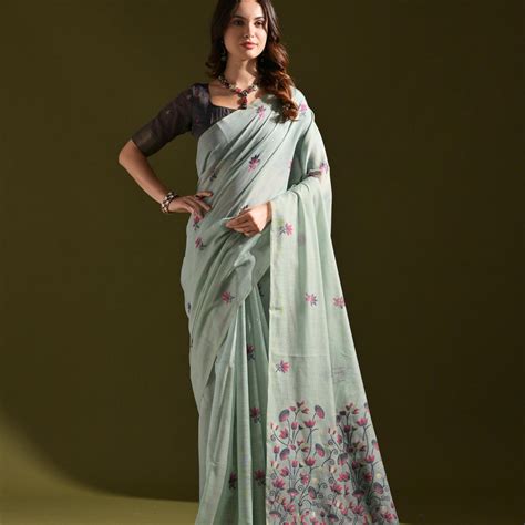 Florance Firozi Blue Muga Cotton Jamdani Saree – Gajarai