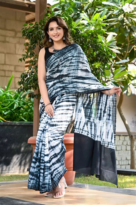 White and black tie die print pure cotton saree – Jaipur Tex