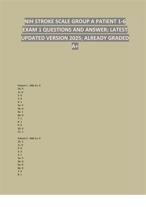 NIH STROKE SCALE GROUP A PATIENT 1-6 EXAM 1 QUESTIONS AND ANSWER ...