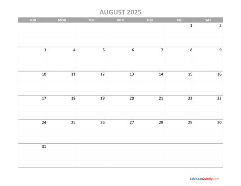 August Calendar 2025 Printable | Calendar Quickly