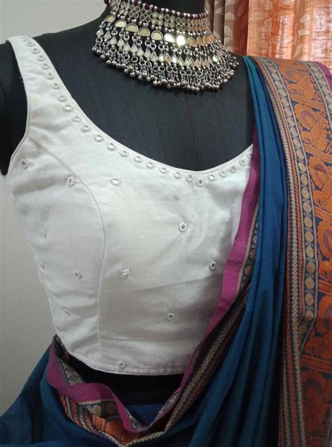 Buy Off White Sleeveless Mirrorwork Blouse | Godhuli