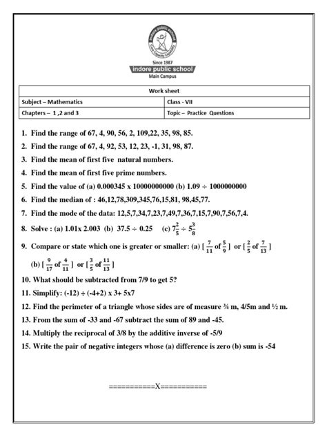 Image result for Worksheet of Maths Class 7