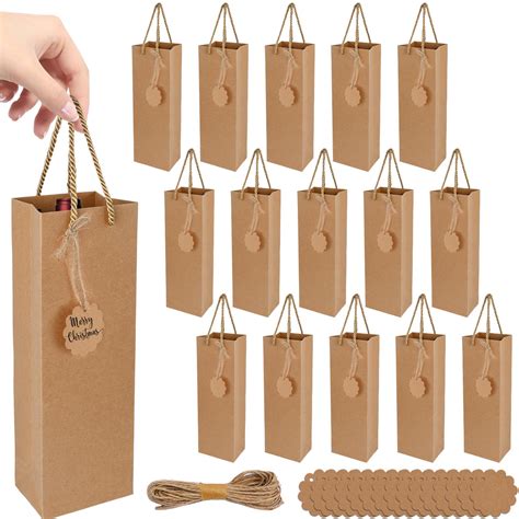 15 PCS Wine Gift Bags, Kraft Paper Wine Bottle Gift Bags with Handles ...