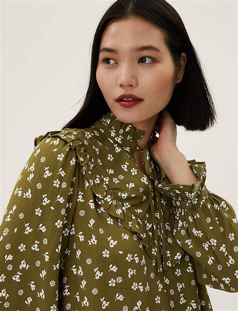 Buy Printed Tie Neck Long Sleeve Popover Blouse at Marks & Spencer