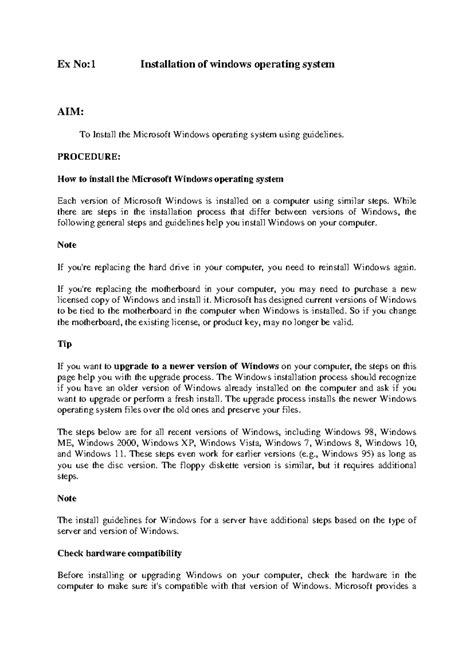 Os lab manual - Ex No:1 Installation of windows operating system AIM ...