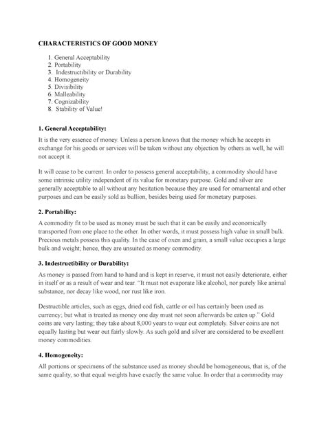 Characteristic of good money - CHARACTERISTICS OF GOOD MONEY General ...