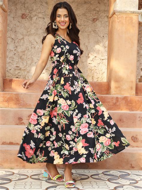 Black Cotton Ankle Length Printed Flared V-Neck Dress – Gulmohar Jaipur