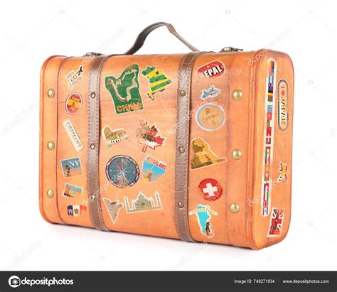 Vintage Suitcase Travel Stickers Isolated White — Stock Photo ...