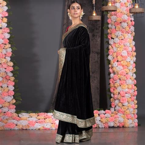 BLACK VELVET SAREE WITH BROCADE BANARASI BORDER – Boveee
