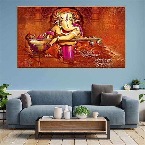 Lord Ganesha Playing Veena Canvas Wall Painting With Floating Frame ...