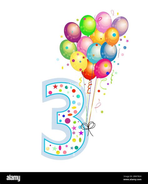 Happy third birthday candle. Three numbered balloon. Colorful balloons ...