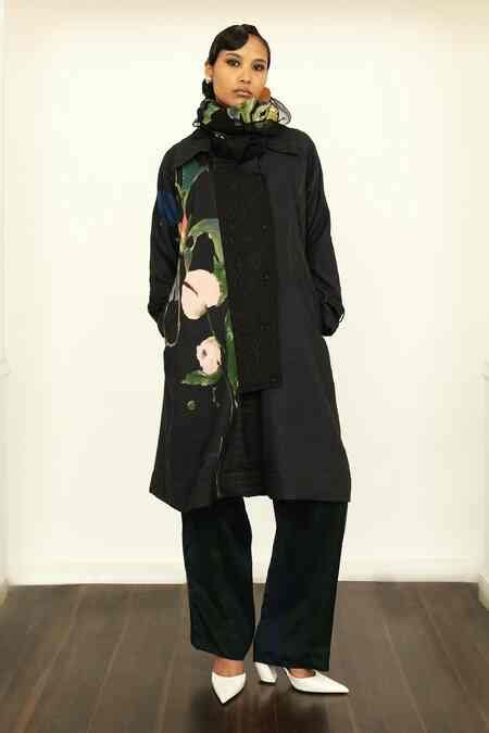 Buy Multi Color Twill Linen Printed Psyflora Collar Multicolor Trench ...