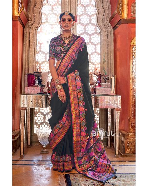 Black Intricate Floral Print Embellished Pashmina Silk Saree with Unst ...
