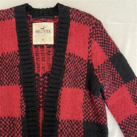 hollister knit cardigan in red and black plaid... - Depop