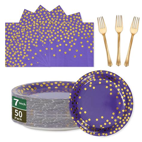 Amazon.com: CENLBJ Purple and Gold Paper Tableware Set-150PCS-50 x 7 ...