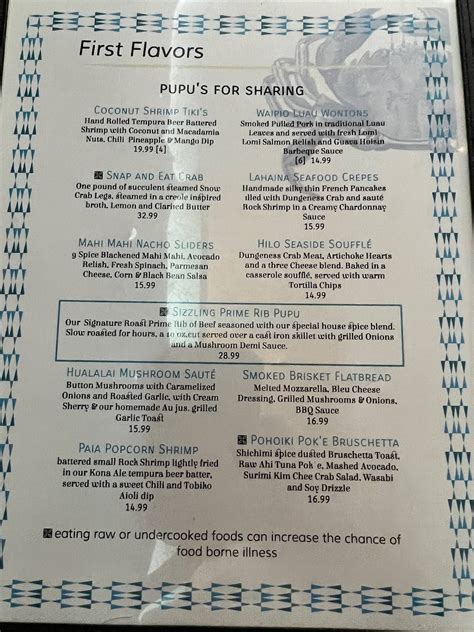Menu at Coconut Grill restaurant, Hilo