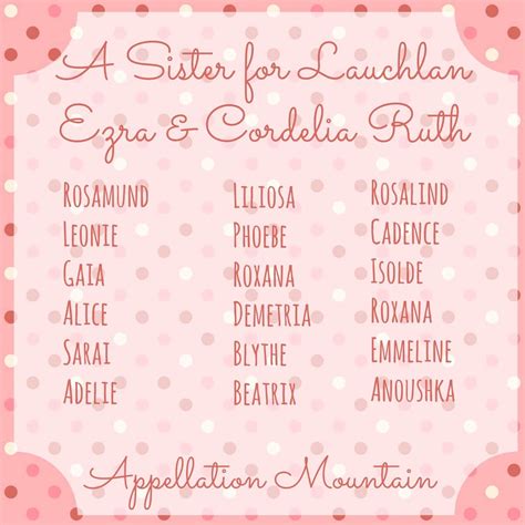 Name Help: A Sister for Lauchlan & Cordelia - Appellation Mountain