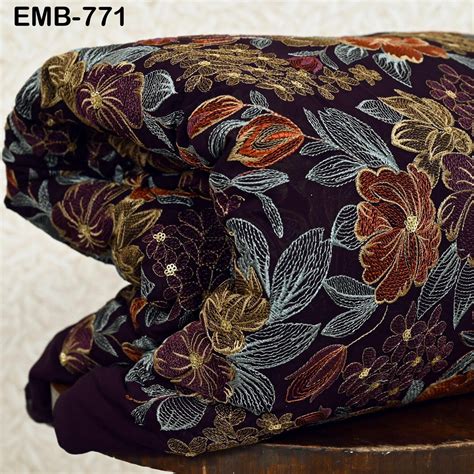 Indian Embroidery Fabric by the Yard Wine Georgette Embroidered Sewing ...