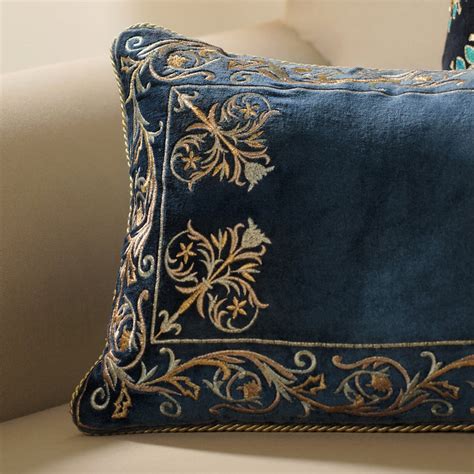 Navy Gold Embroidered Velvet Rectangle Cushion Cover