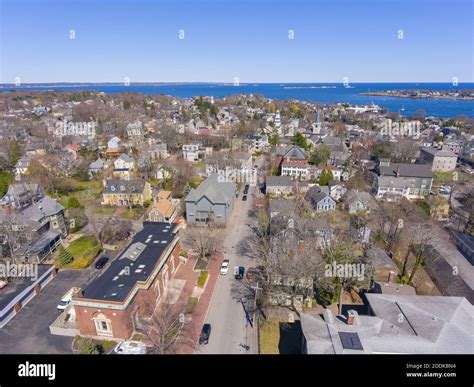 Aerial view of historic Marblehead town center and Marblehead harbor ...