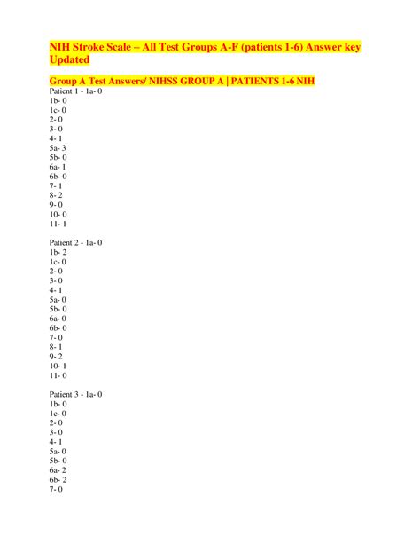 NIH Stroke Scale-All Test Groups A-F (patients 1-6) Answer keyUpdated ...