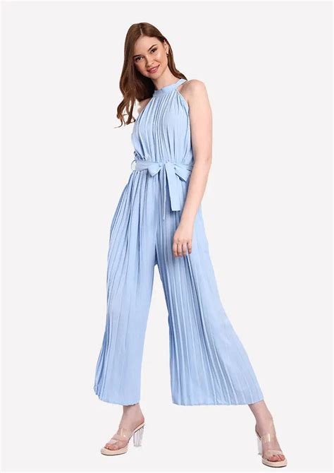 Blue Halter Neck Pleated Wide Leg Jumpsuit - IKI CHIC