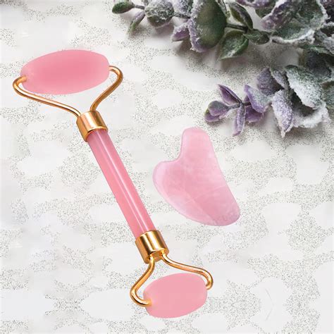 Zureni Rose Quartz Jade Facial Roller & Gua Sha 100% Natural Pink ...