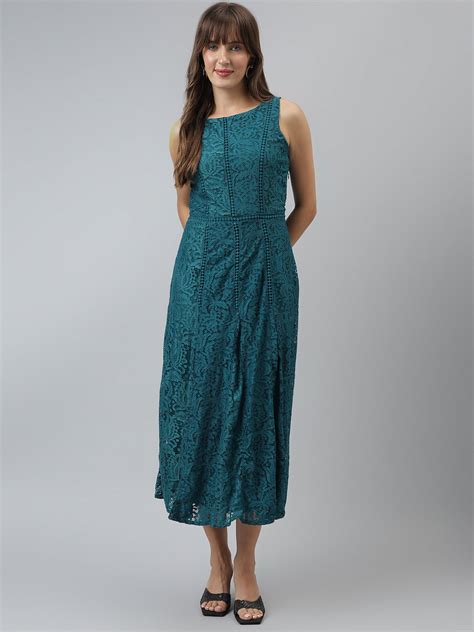 Self Design A-Line Casual Sleeveless Teal Dress