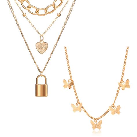 Pack Of 2 Butterfly and Layered Chain Heart Lock Pendant – Vembley