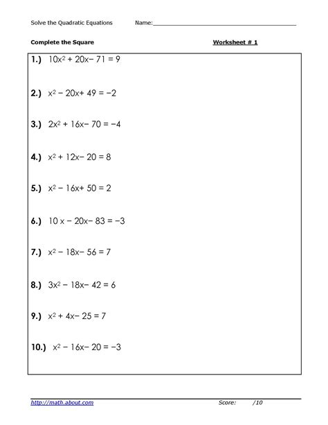 Solve Quadratic Equations by Competing the Square Worksheets