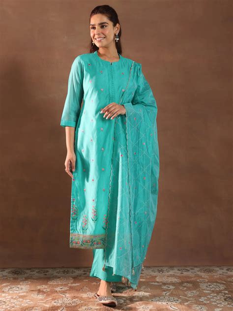 Buy Turquoise Blue Embroidered Chanderi Silk Straight Suit With Dupatta ...