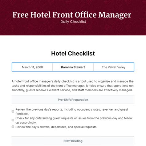 Hotel Front Desk Daily Checklist at Williams Abney blog