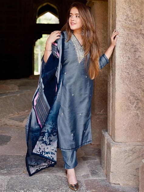 Buy Blue Embroidered Silk Blend Straight Suit With Dupatta Online at Rs ...
