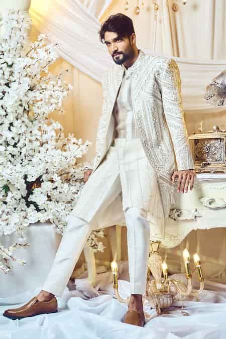 Buy White Silk, Twill Beads Geometric Embroidered Sherwani Set For Men ...