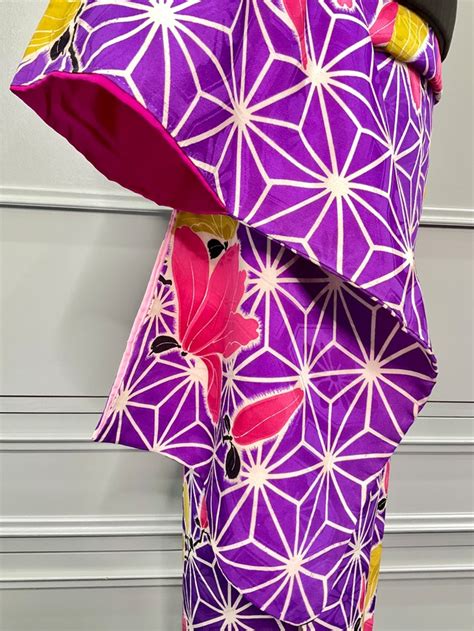 木蓮×麻の葉＊モクレン パープル 紫 花 アンティーク小紋着物 A565 | kimono tento