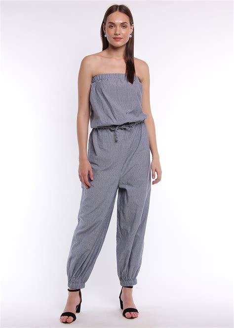 Get Scrunched Off Shoulder Detail Grey Striped Jumpsuit at ₹ 1599 | LBB ...