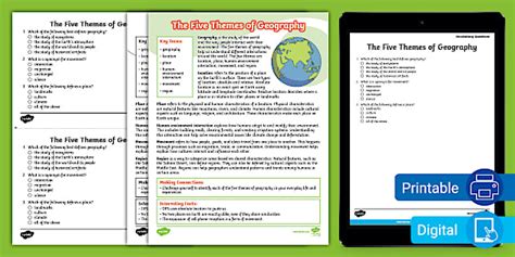Five Themes of Geography Fact File and Questions for 6-8 Gr