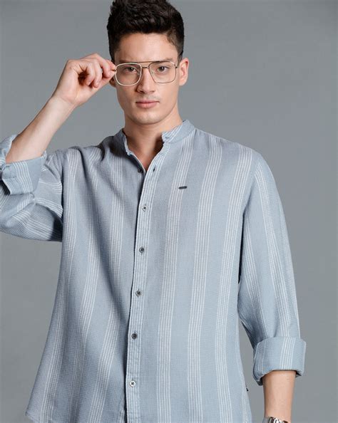 IDENTITI Men Slim Fit Mandarin Collar Striped Shirt In Grey
