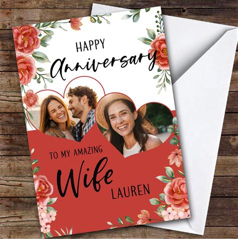Personalized Anniversary Card For Wife Hearts Photo Red Floral Card ...