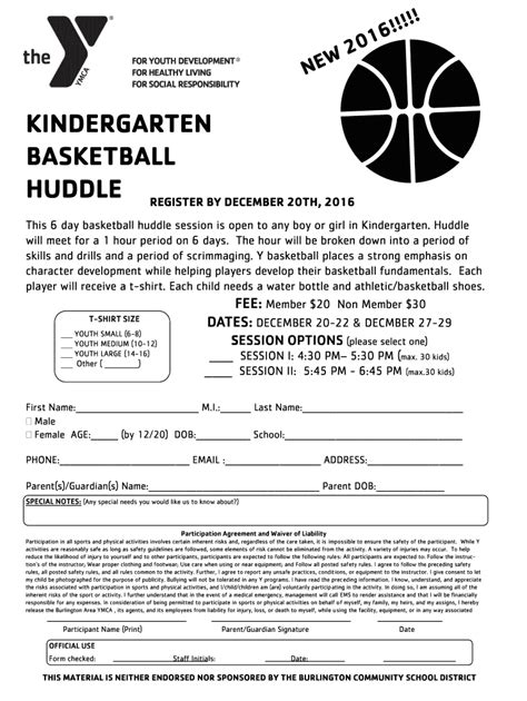 Fillable Online KINDERGARTEN BASKETBALL HUDDLE - burlingtony.org Fax ...