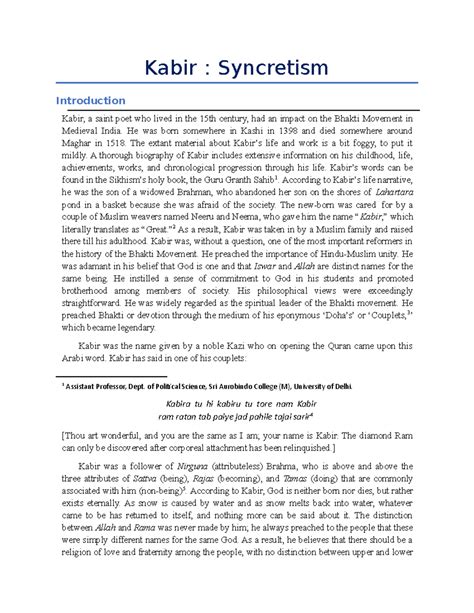 Kabir: Syncretism in Bhakti Movement - A Study of Unity and Belief ...