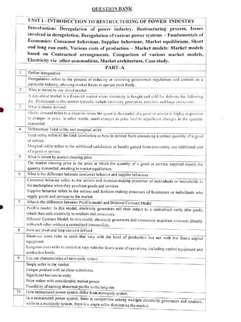 EE3008 RPM Question Bank: Introduction to Power Industry Restructuring ...