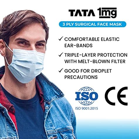 Tata 1mg 3 Ply Surgical Face Mask With Meltblown Filter And Nose Pin ...