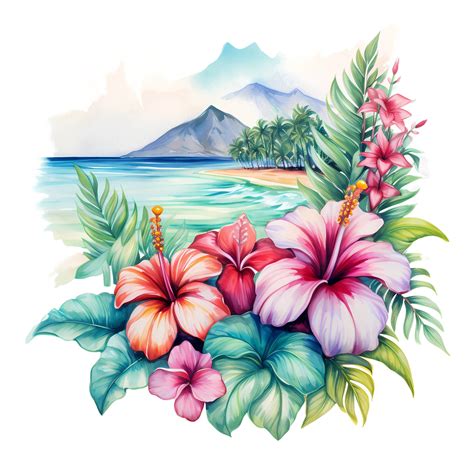 Hawaiian Flowers Watercolor Drawing Clipart Bundle, Tropical Paradise ...