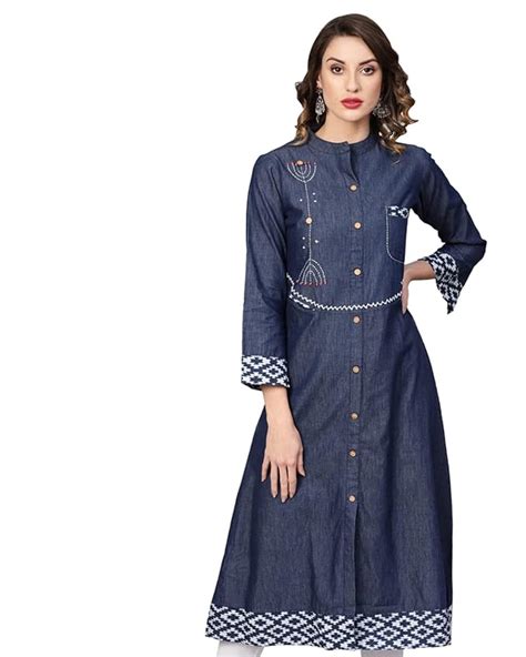 Buy Yash Gallery Women's Embroidered A-Line Denim Kurta (Blue) at Amazon.in