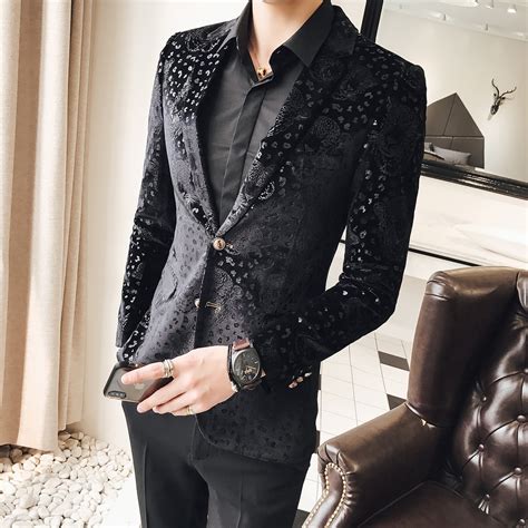 Black Velvet Blazer Men Male Suit Jacket Casual Business Flower Pattern ...