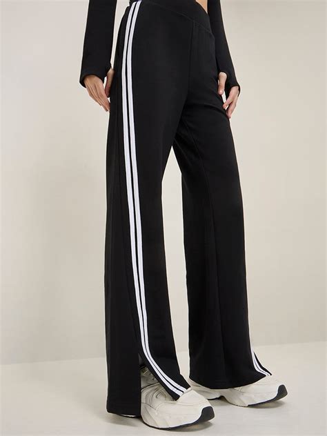 Buy Studiofit Black Striped High-Rise Cotton Blend Track Pants from ...