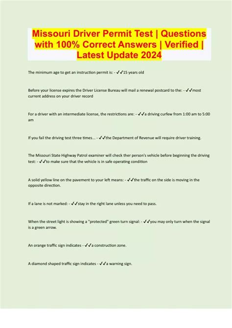 Missouri Driver Permit Test | Questions with 100% Correct Answers ...