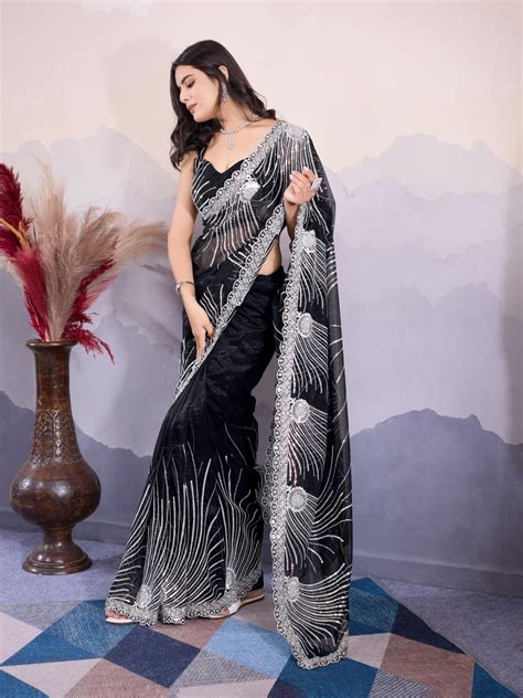 Black Twill Net Saree | Embroidery & Sequins – Kalyanja